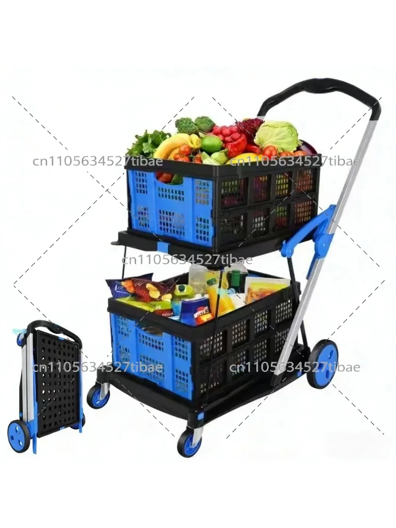 Multi Use Utility Cart 2 Tier Collapsible Shopping Trolley with Storage Baskets Rolling Cart