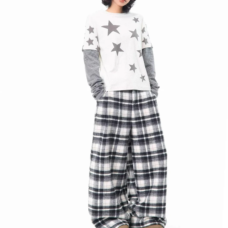 Amerikanische Retro-Design Rot Plaid frauen Casual Hosen 2025, Winter Neue Lose Dünne Vielseitig Warm Halten Breite bein Hosen Damen