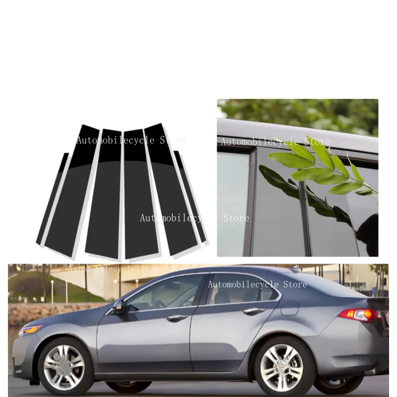 6Pcs Glossy Black Silver  Pillar Posts Fit For  Acura TSX CU 2008-2014 2009  Window Moulding B C Center Sticker Cover