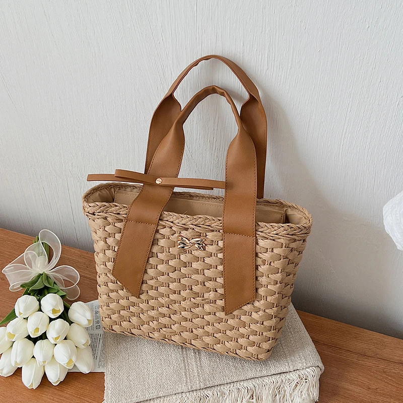 

Большая пляжная сумка из соломки 2026: летняя плетеная сумка-тоут из ротанга, женская сумка на плечо, дорожная сумка для покупок, дамская сумочка-сак