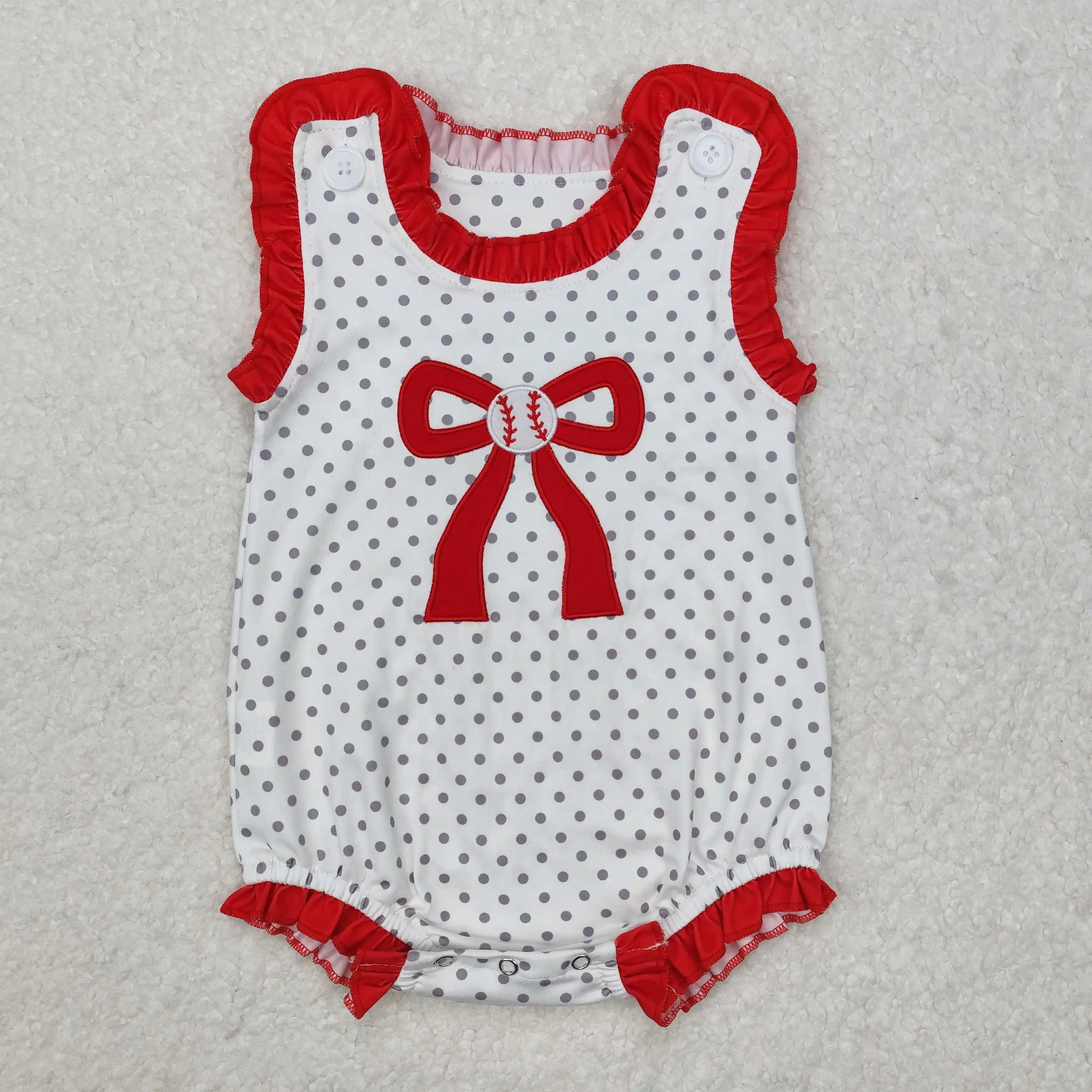 

New rts baby girls summer rompers wholesale boutique embroidery baseball red bow polka dot girls onesie