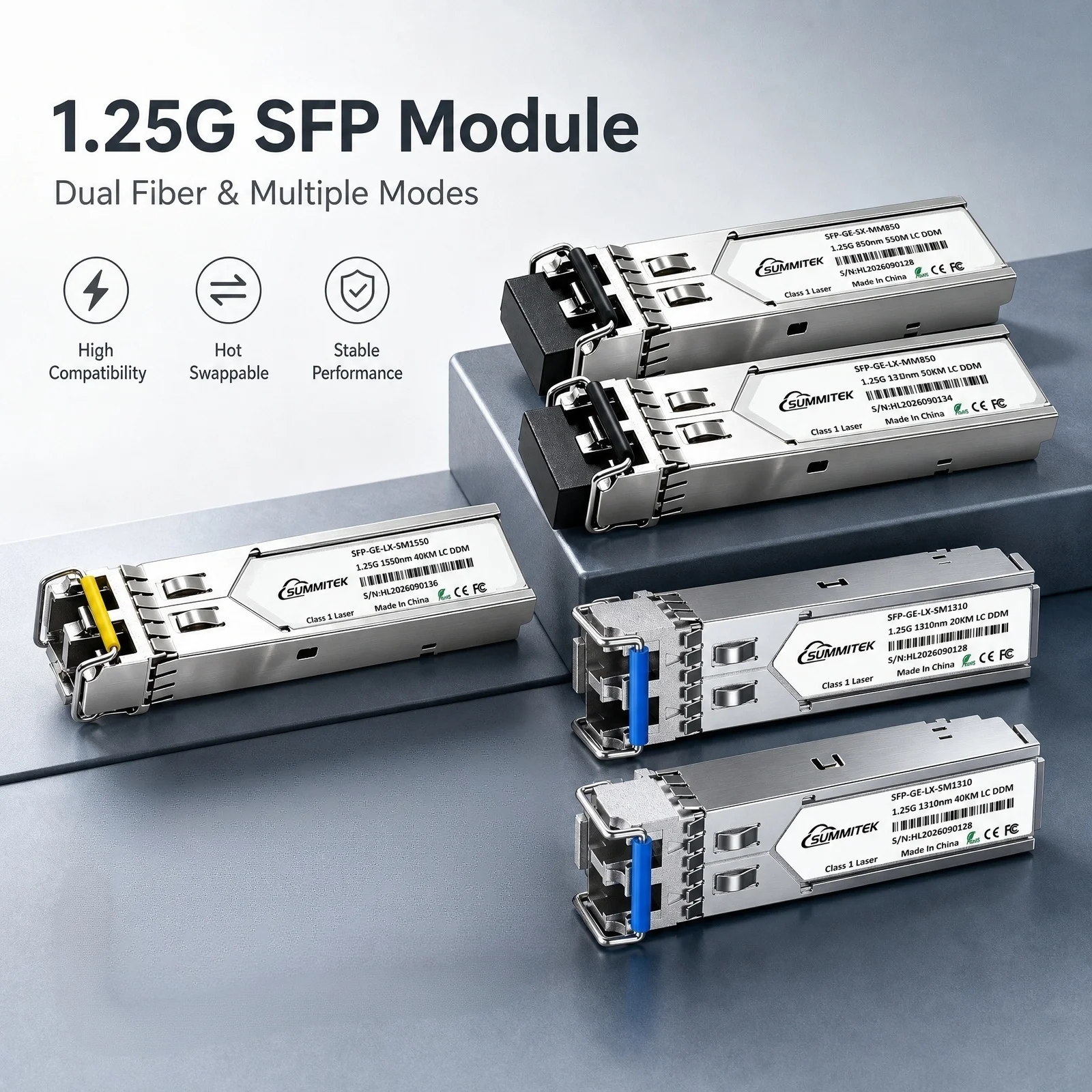 SUMMITOP Gigabit SFP Transceiver Module 1.25G 850nm 1310nm 1550nm LC Dual Fiber Single Mode SMF DDM 550M/2KM/20KM/40KM