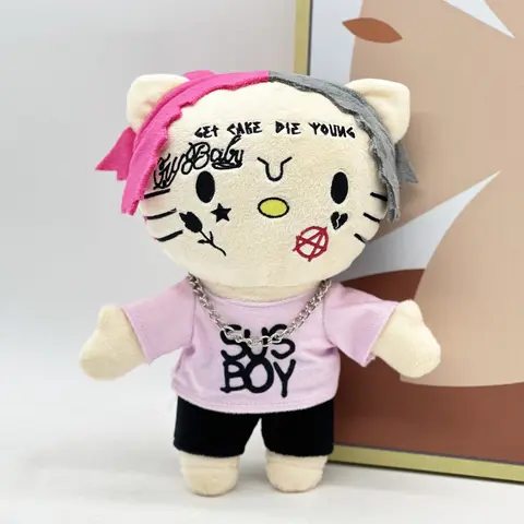 LIL PEEP Hello Kitty Plush Anime Doll with Pink Clothes Necklace Stuffed Soft Plush Toys Fans Collect Gifts