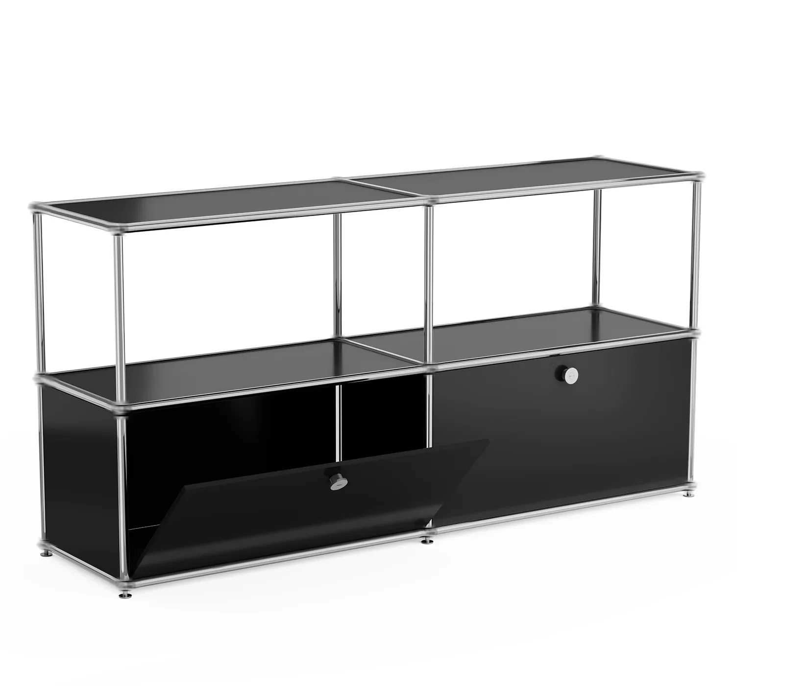 Modern black storage console with two drawers and open shelving for families