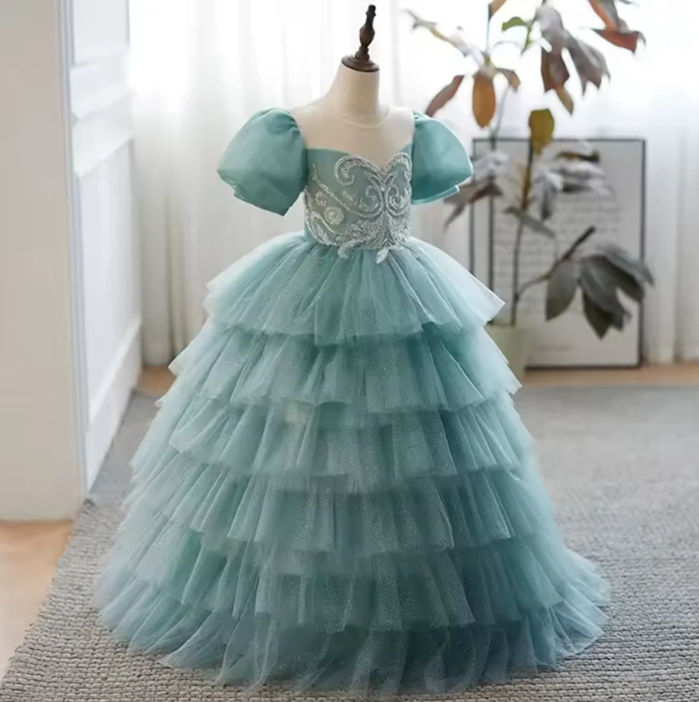 

Customized Elegant Ball Gown Baby Flower Girl Dresses Sequins Tiered Tulle Children Prom Birthday Show Party Gowns