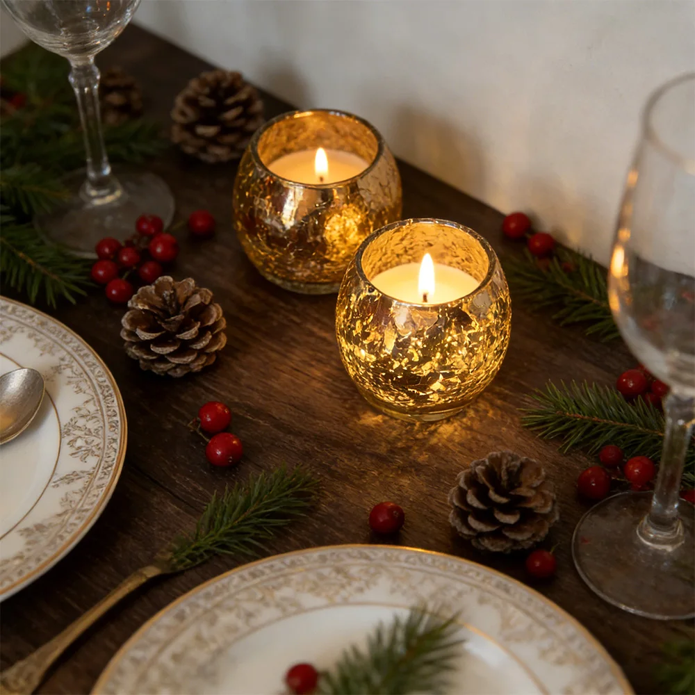 2pcs Luxury Gold Crackle Glass Candle Holder Vintage Speckled Votive Tealight Cup for Wedding Party Home Decor Table Centerpiece