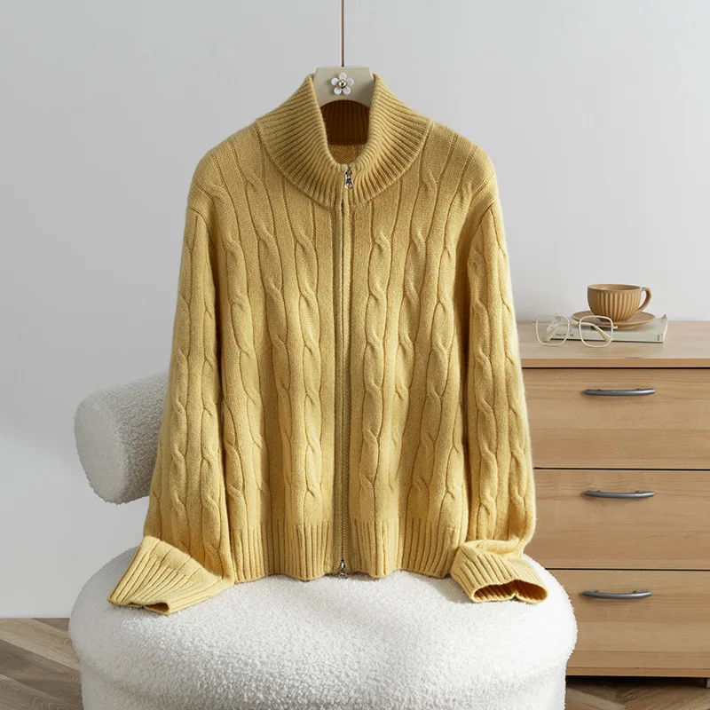 

Pure Wool Zip Up Turtleneck Cable Cardigan Sweater