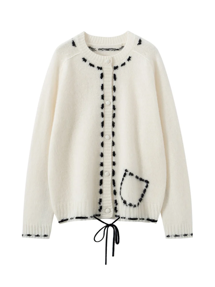 TLOML 여성용 100% 캐시미어 도트 라인 자카드 카디건 오넥 긴 소매 캐시미어 스웨터 가을 겨울 캐주얼 스타일 탑