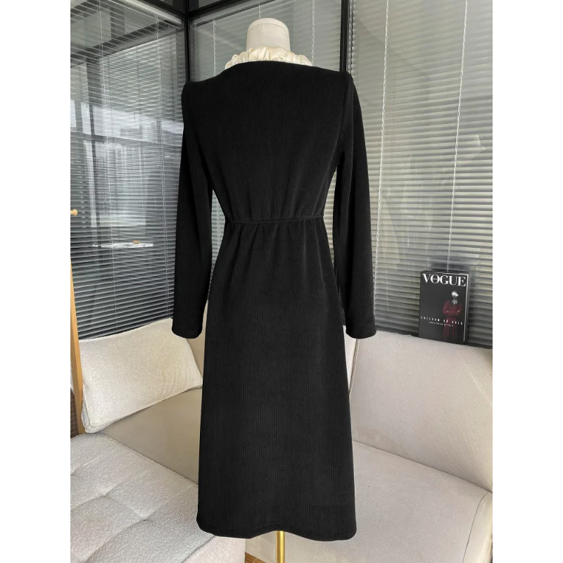 Vestido francês longo feminino com gola borboleta, elegante vestido feminino, elástico na cintura, fino, vintage, chique, pequena fragrância, preto, moda coreana