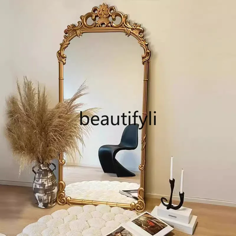 

wall-mounted floor-to-ceiling mirror cloakroom, European retro carved full-length mirror, home wall-mounted full-length mirror11