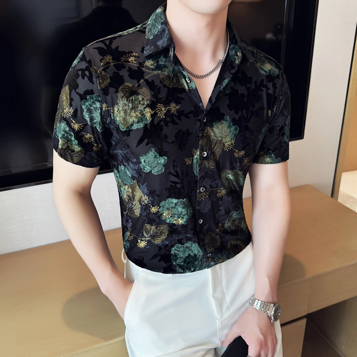 

Летняя жаккардовая флокированная рубашка в китайском стиле, новинка 2025, мужская тонкая дышащая сетчатая повседневная рубашка с короткими рукавами, облегающая рубашка 4XL-M