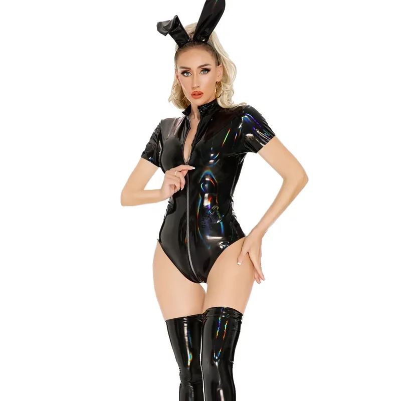 

Women's Sexy Patent Leather Bodysuit Double Zipper Shiny Glossy Pink Black White Uniform Leotard Tights Shaping Nightclub Wear