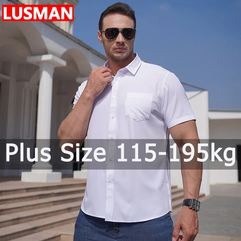 Chemise à Manches Courtes pour Homme, Vêtement Formel, Couleur Unie, Grande Taille, Été, Blanc, 115-205kg, 1XL-7XL