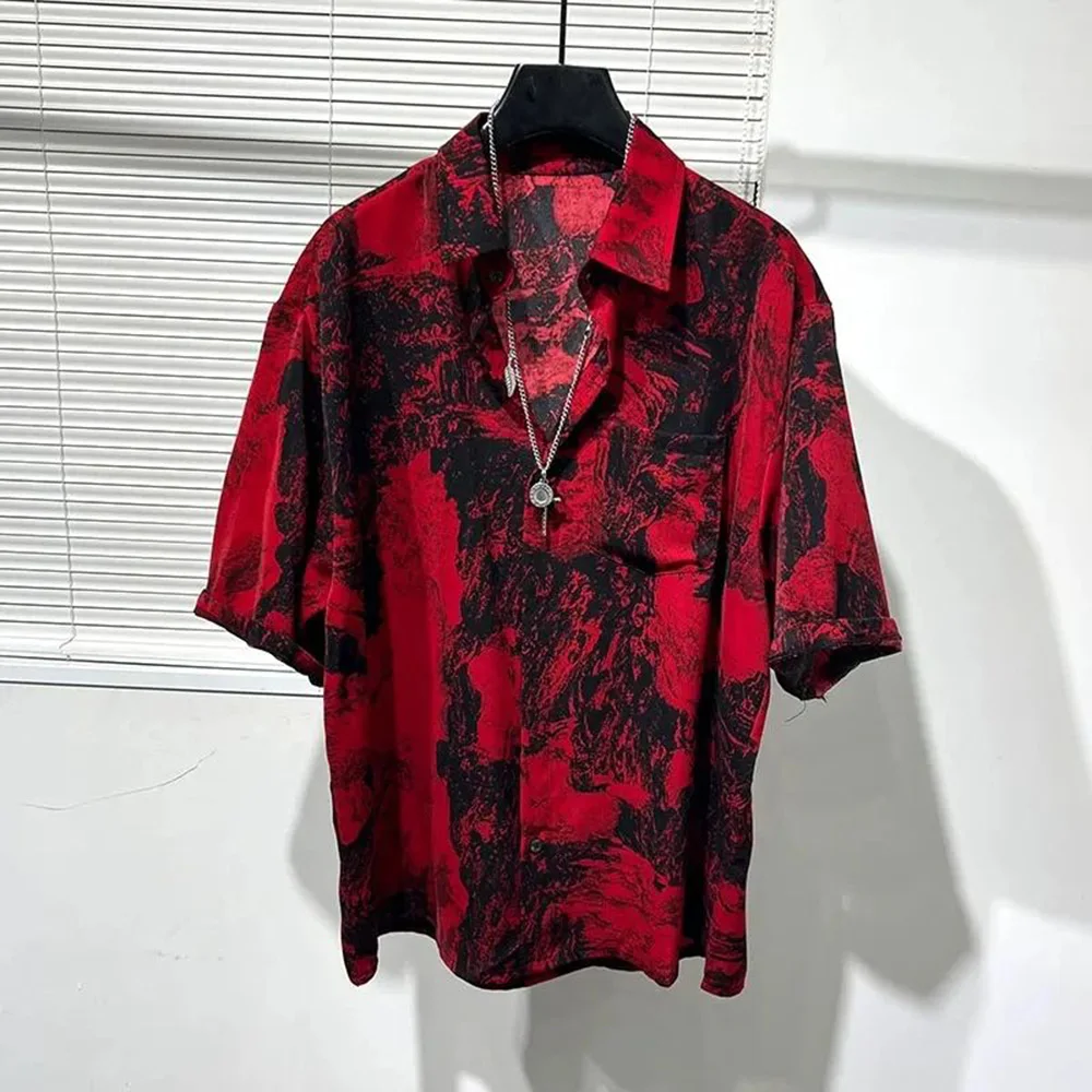 Camicia da uomo camicia da pittura di paesaggio rosso irregolare estate quotidiana nicchia vacanza al mare Hawaii personalità Top abbigliamento da uomo 2024