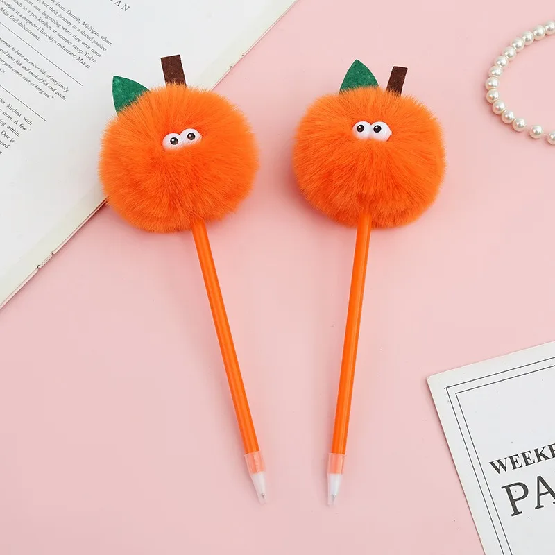 1pc Cute Orange Pompom Ballpoint Pen Smooth Ink Flow Writing Tool School Office Decorative Novelty Stationery