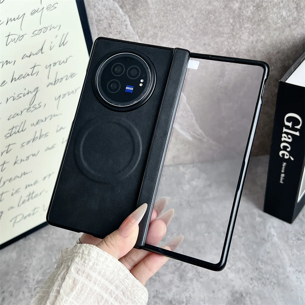 حافظة هاتف MagSafe بنمط جلدي من Busine لهاتف VIVO X Fold 5 3 Pro غطاء حماية للشاشة المفصلي غطاء شحن لاسلكي مغناطيسي