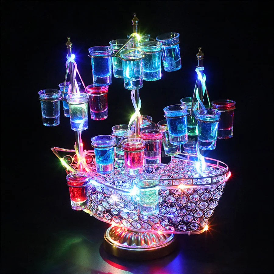 Thrisdar Rechargeable Boat Shape 24 Hole Cocktail Cup holder Stand VIP Service Shot Glass Display Wine Glass Rack Party Decor