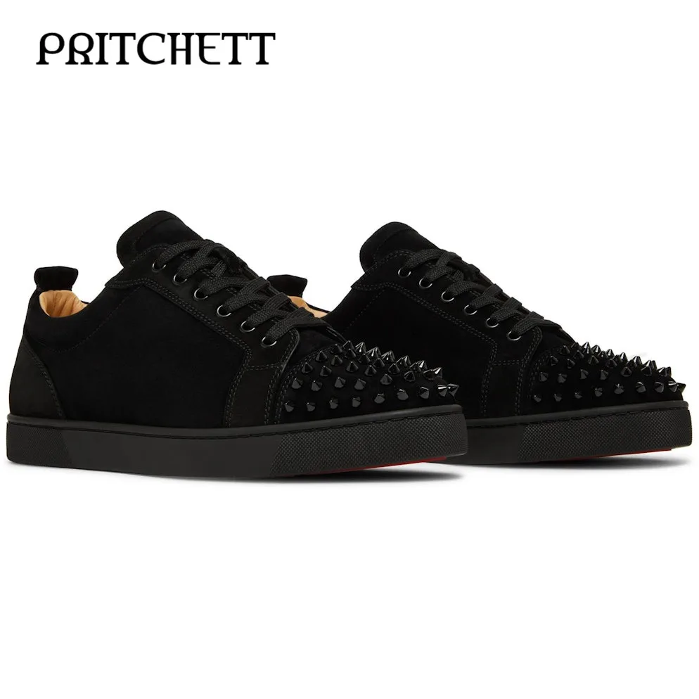 

Black Rivet Lace-Up Casual Shoes Round Toe Flat Sole Comfortable Sneakers Large Size Fashionable Shoes for Men and Women