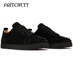 Black Rivet Lace-Up Casual Shoes Round Toe Flat Sole Comfortable Sneakers Large Size Fashionable Shoes for Men and Women