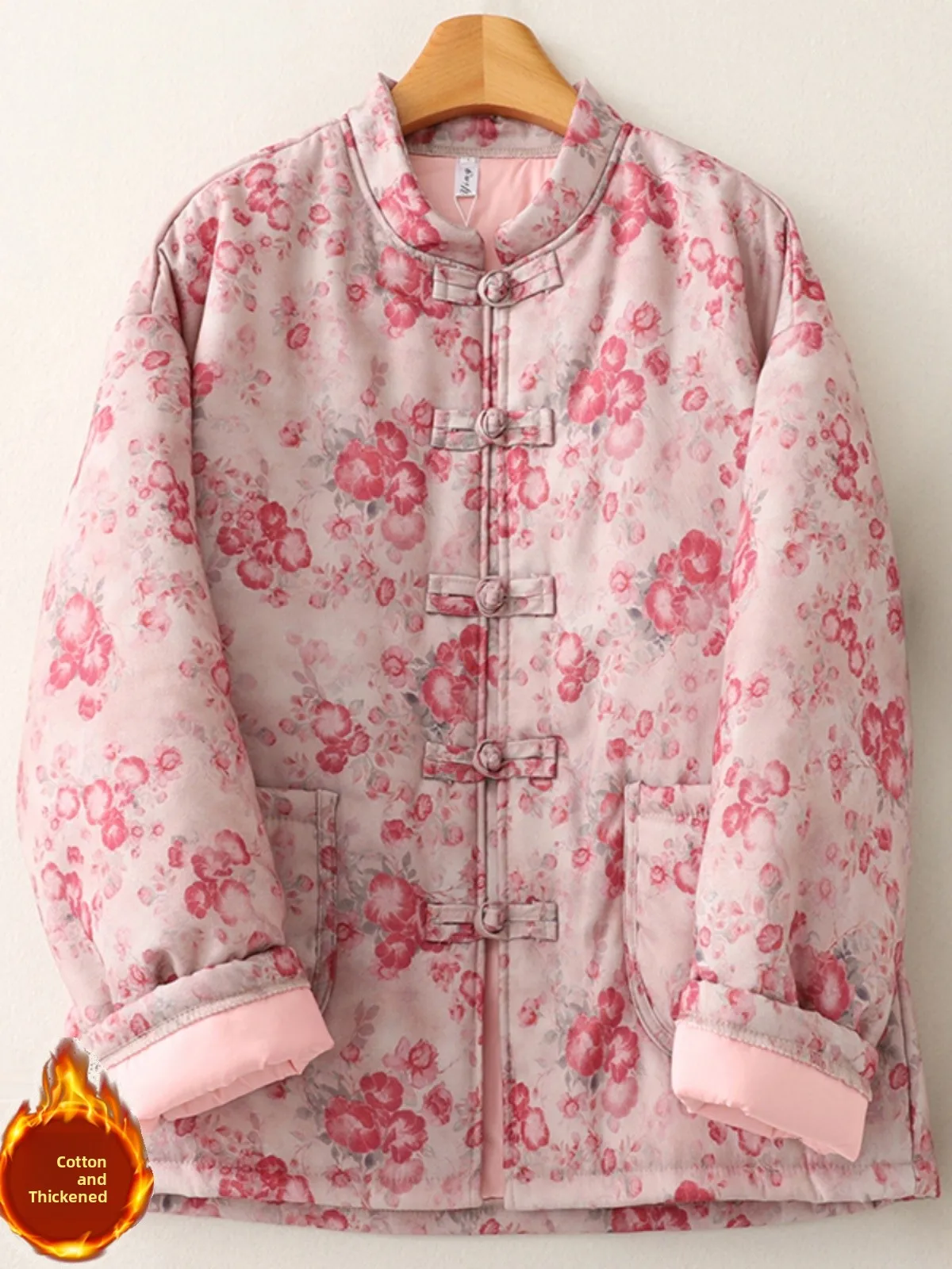 

Loose Fit Cotton Jacket with Embroidered Floral Print Stand Collar Button Detailing Winter Commute Style Shaped Body Fit
