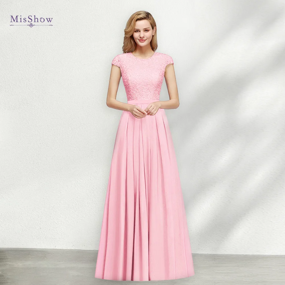 Elegant Long Lace Evening Dresses Women 2024 Candy Pink Chiffon Short Sleeves Formal Wedding Prom Party Gowns Robe De Soirée