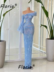 Baby Blue Arabic Crystal Evening Dress See Through One Shoulder Lace Appliques Long Prom Dresses Robe de Soiree Femme Plus Size