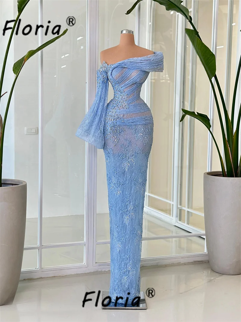 Baby Blue Arabic Crystal Evening Dress See Through One Shoulder Lace Appliques Long Prom Dresses Robe de Soiree Femme Plus Size