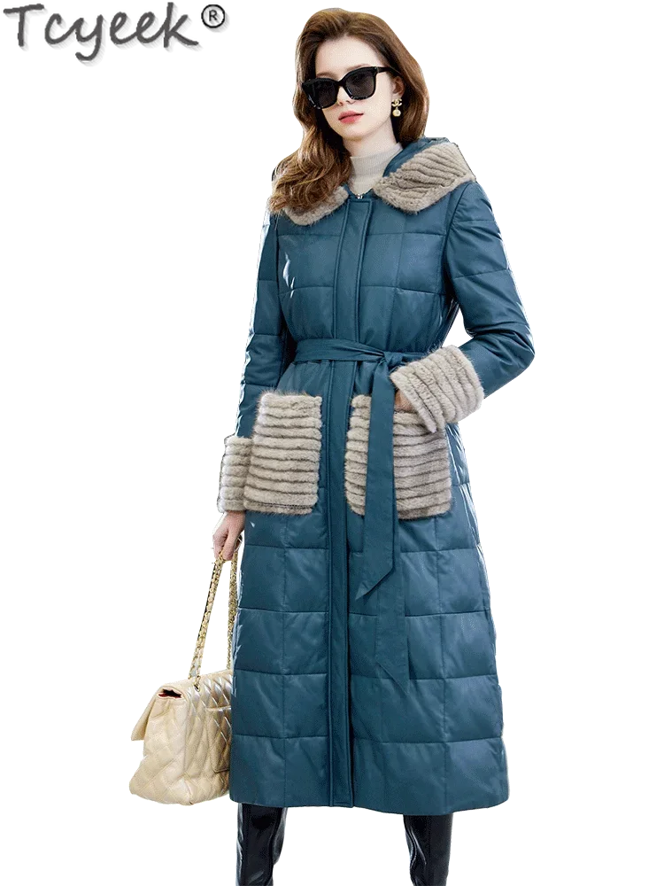 Tcyeek-Veste en cuir véritable pour femme, manteau en duvet mi-long, col en fourrure de vison, ceinture, peau de mouton naturelle, vêtements d'hiver, 2024