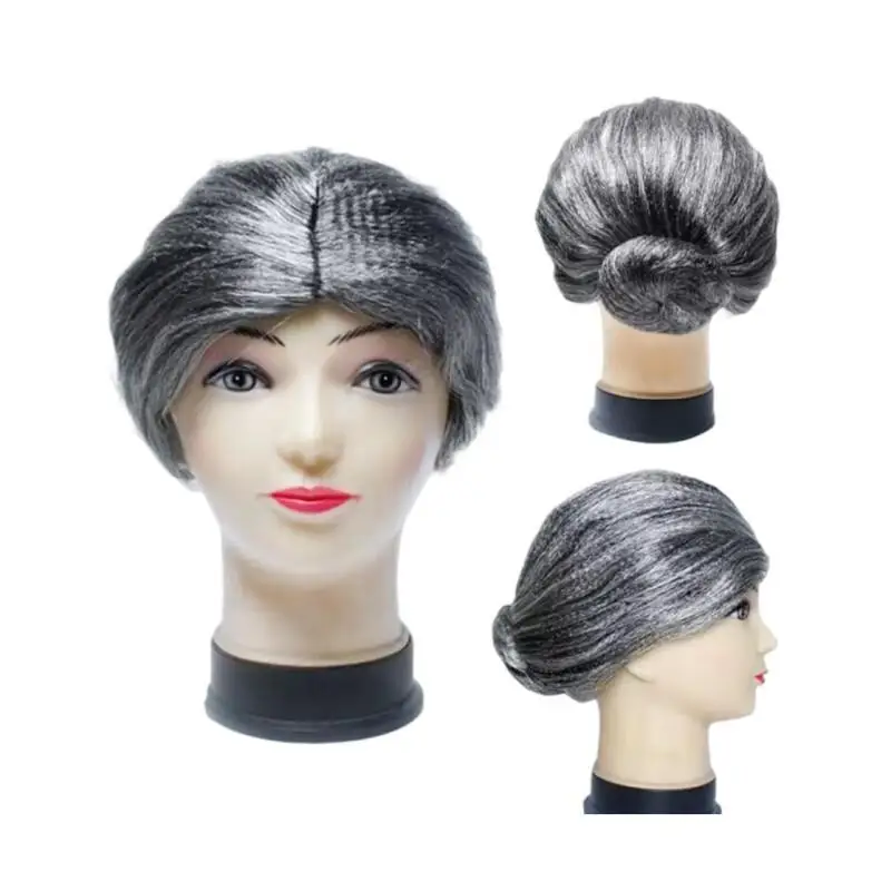 Old Lady Gray Bun Wig Synthetic Natural Looking Grandma Cosplay Wig Short Grey Hair Wig For Halloween Party Stage Performance