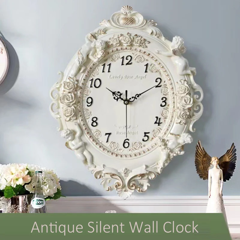 Antique Silent Wall Clock Cupid Rose Flower Design Resin Non-Ticking Vintage Analog Clock for Living Room Bedroom Home Decoratio