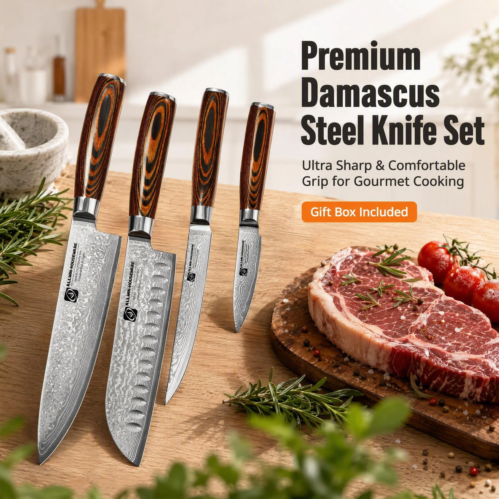 4-piece Damascus steel kitchen knives with walnut kitchen handles Three-deep knife, chef's knife, fruit knife, all-purpose knife