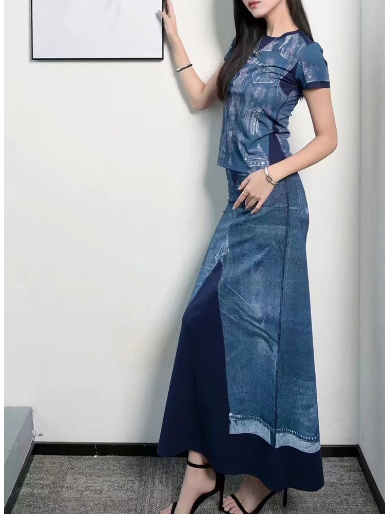 Imagem -02 - Vestido Feminino de Manga Curta com Estampa Denim de Duas Peças Saia Comprida de Bolso Alto para Quadril Moda Primavera e Verão Camiseta Estampada Nova