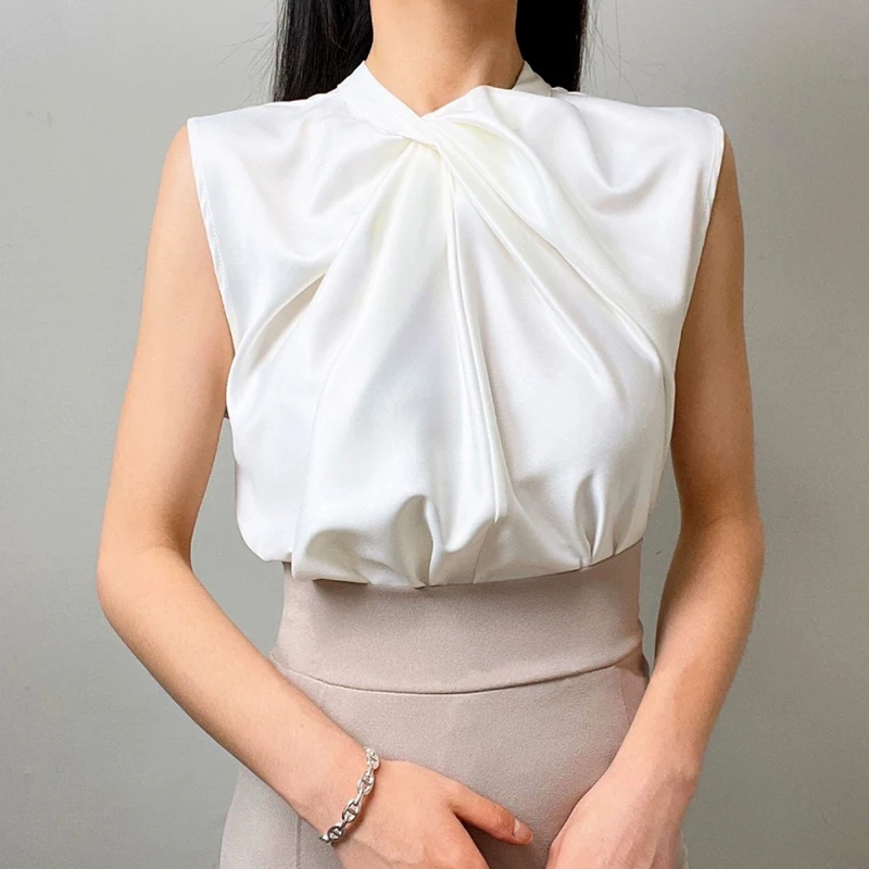 

Solid Color Folded Twists Knot Women Blouses 2026 Summer Sleeveless Satin Silk Shirt Fashion Office Ladies Work White Shirt
