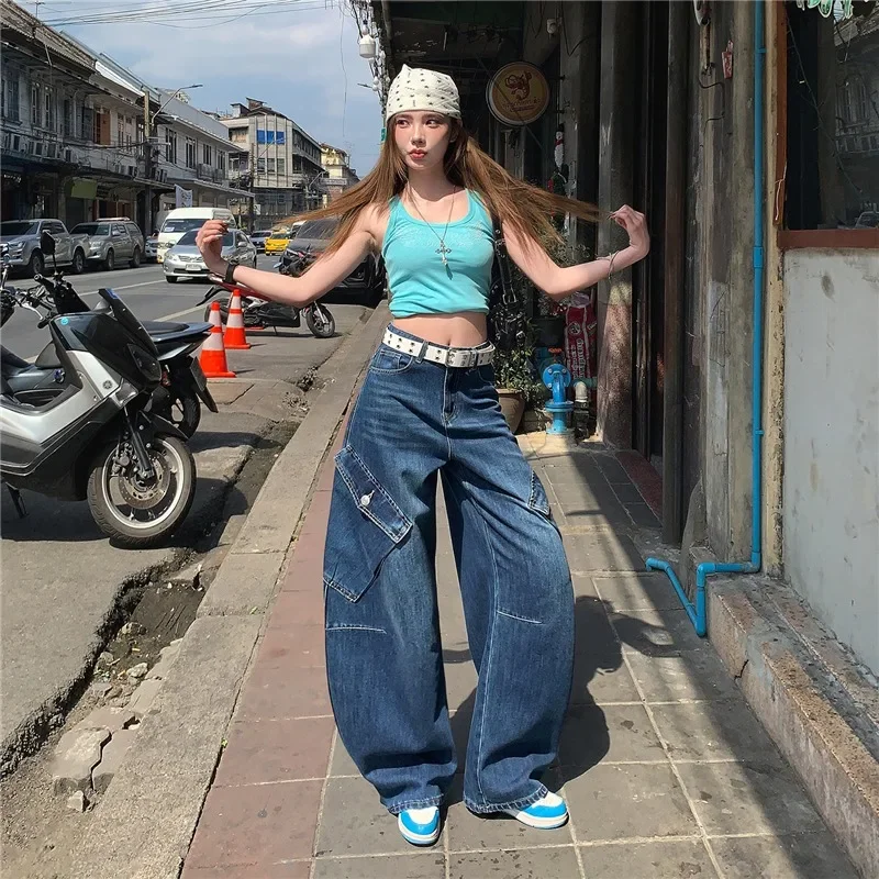 Women's American Korean Y2K Curved Scythe Jeans High Waist Loose Wide Leg Draping Casual Streetwear Baggy Denim Pants