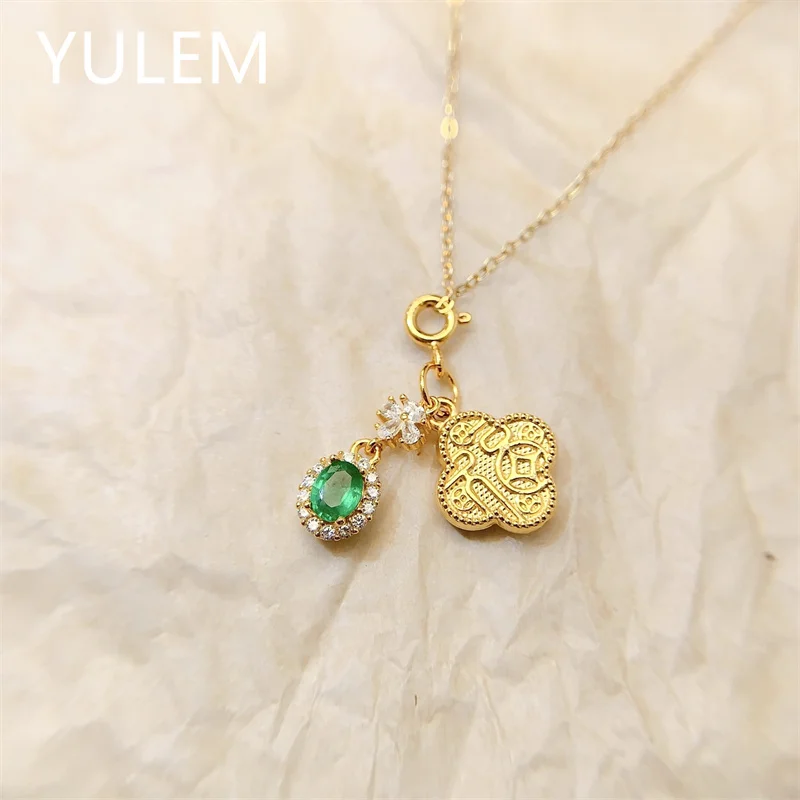 YULEM Genuine Emerald Clover Necklace 4x5mm Oval Natural Emerald S925 Sterling Silver Gold Plated Women Gemstone Pendant