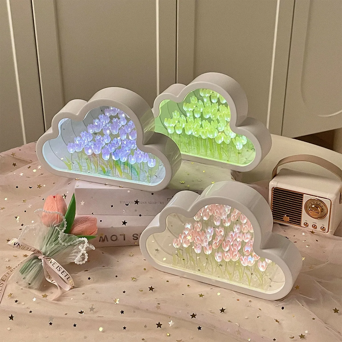 DIY Cloud Tulip LED Night Light Tulip Flower Sea Night Light Atmosphere Lamp Mirror Table Lamps Bedroom Ornaments Decoration