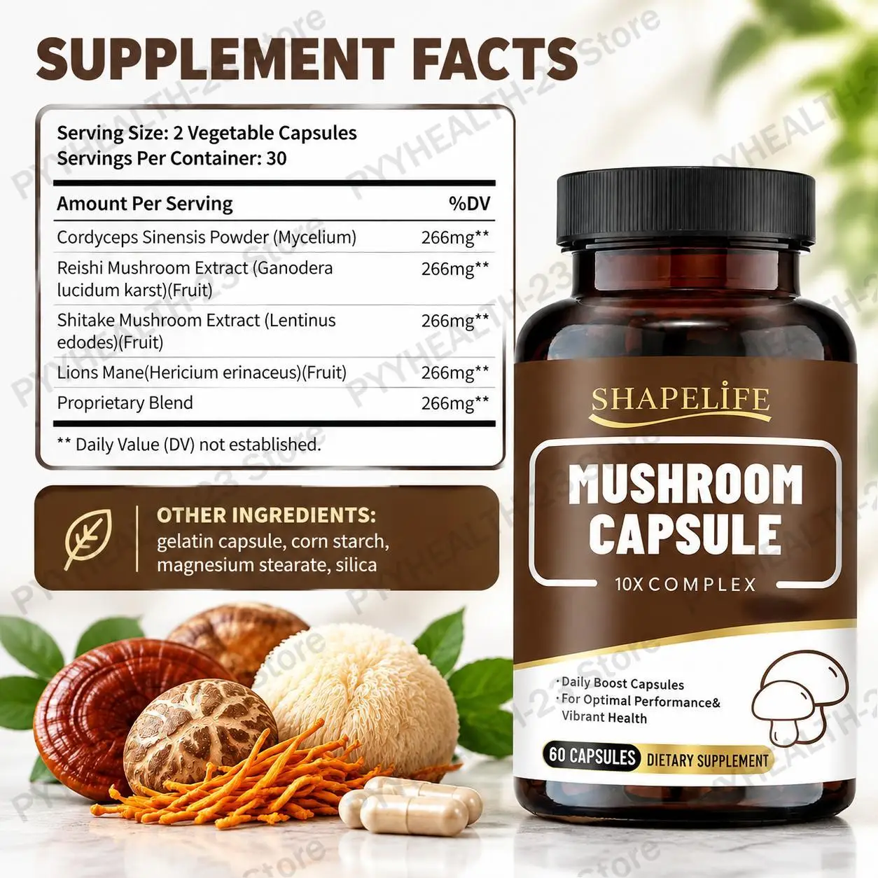Mushroom Capsules Nervous System Care Cognitive Health Brain Function Memory Focus Immune Defense Nerve Growth Boost 60 Capsules
