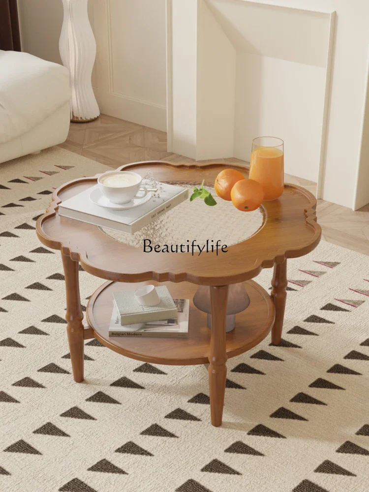 طاولة شاي صغيرة من الخشب الصلب الإبداعي المستدير الفرنسي القديم ذات حافة يابانية وطبقات زجاجية علوية وسفلية