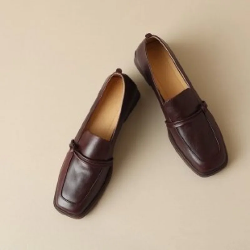 

Classic Loafers Women Genuine Cow Leather Square Toe Pumps Slip-on Retro Lady Casual Cozy Shoes Handmade Size 35-39， Women Shoes
