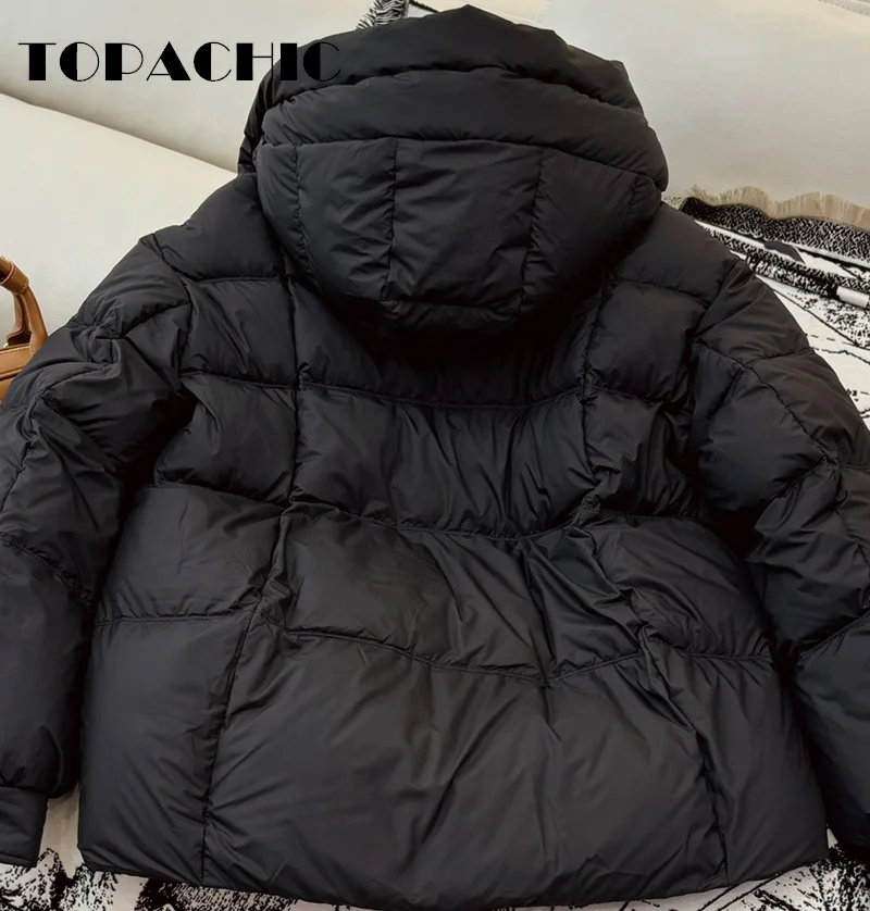 9.5 TOPACHIC-Women 2024 Winter New Hooded Loose Bread Short Down Jacket Lace-up Decoration Thick Keep Warm Goose Down Outerwear