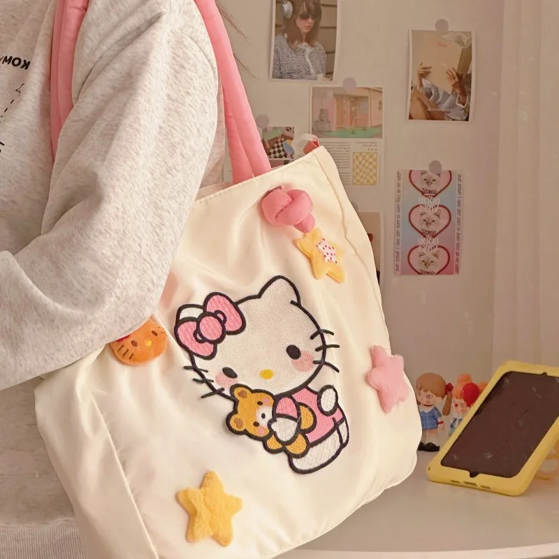 MBTI Hello Kitty Womens Tote Bag Embroidery Nylon Large Capacity Cute Cartoon Shoulder Bag Casual Commuter Travel Female Handbag