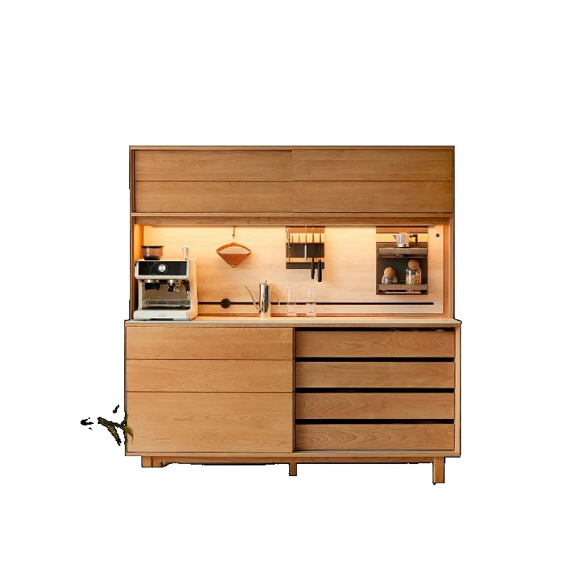 Heshan dining side cabinet, all solid wood against the wall, integrated log Japanese