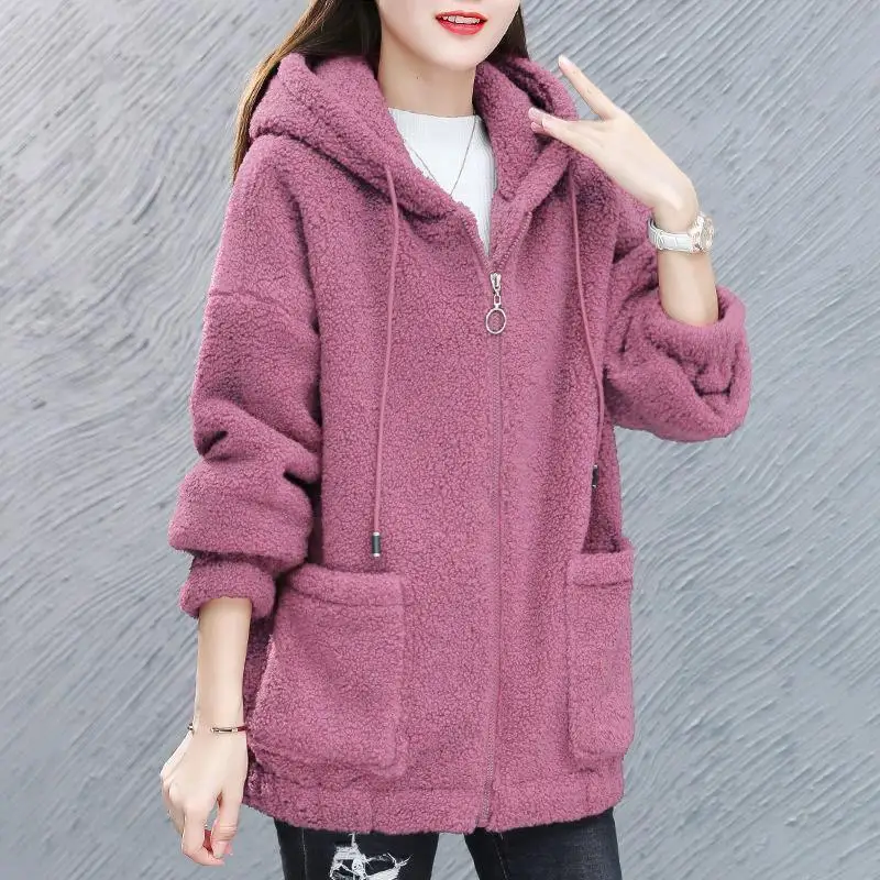 Thicken Plus Velvet Women Sweatshirts Autumn Winter Lamb Fleece Sweater Casual Hoodies Loose All-match Zipper Cardigan Jacket