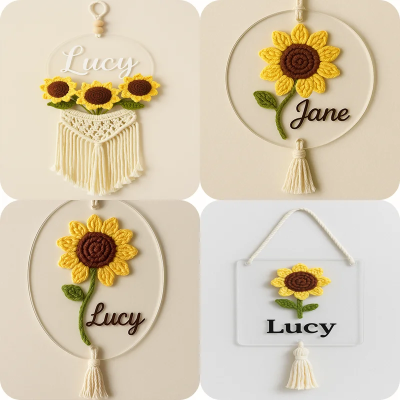 Custom Acrylic Name Sign with Handmade Crochet Sunflower – Personalized Door Plaque for Bedroom Decor Newborn Gift