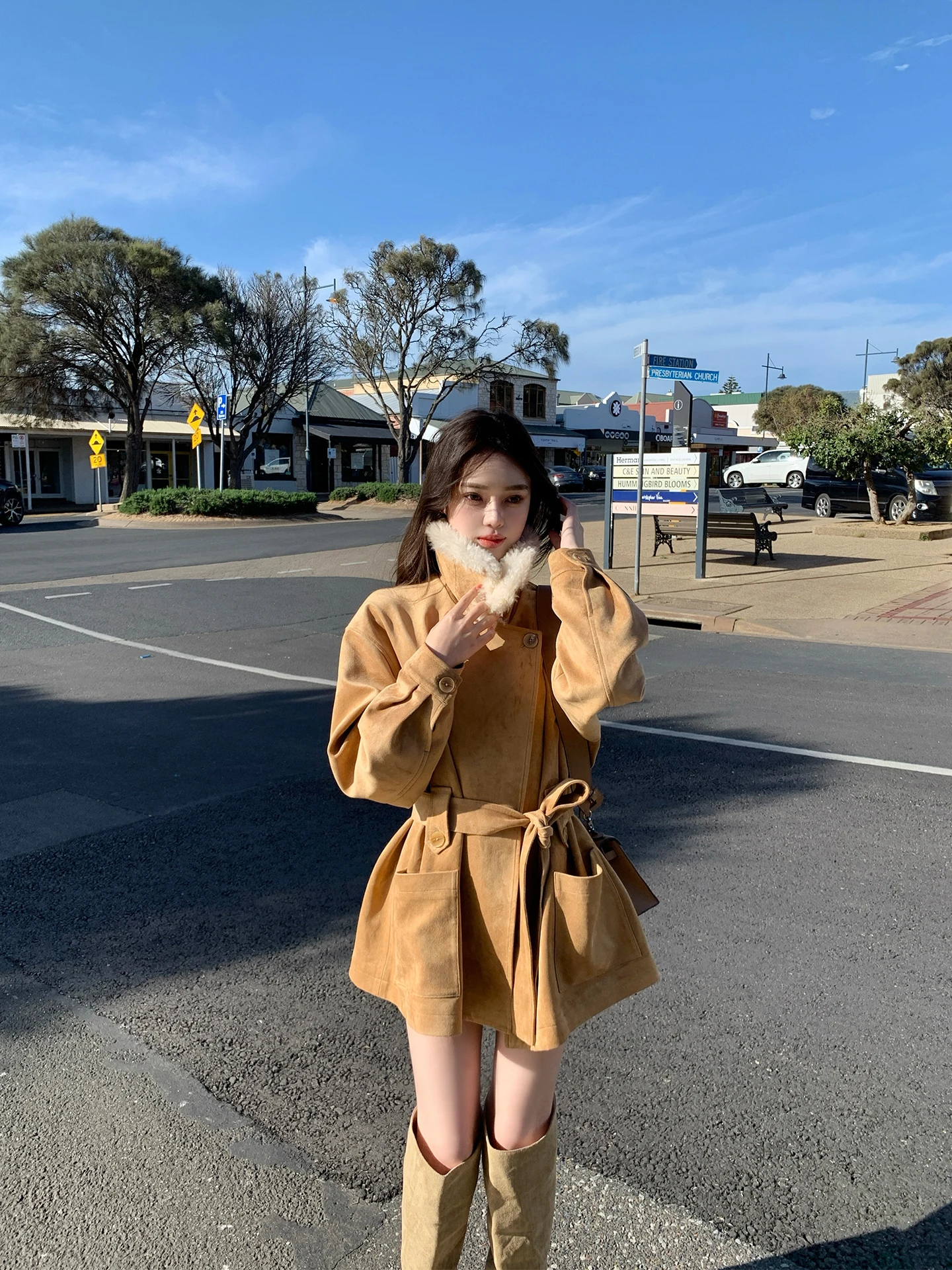 

Зимнее пальто ByYou из замши с воротником из шерсти, женское, цвет хаки, на флисовой подкладке, экологичное, модное, повседневное, спортивное