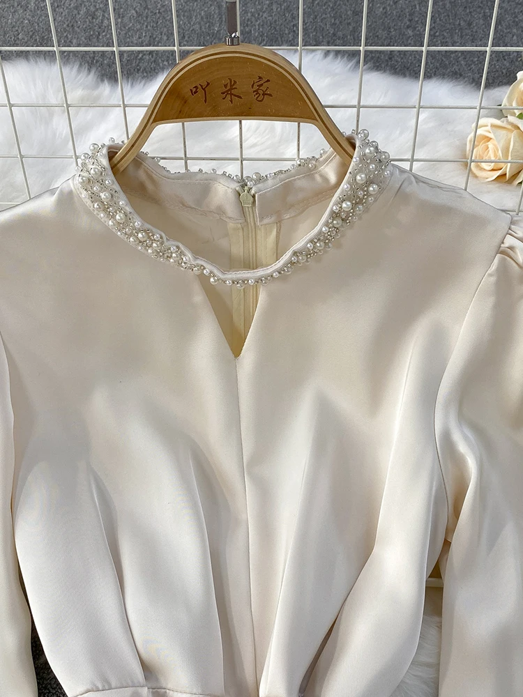 Lente Herfst Nieuwe Lange Mouwen Satijn Socialite Jurk Vrouwen Abrikoos Kleur Taille Cinched Elegante Parel O-hals Feestjurk S331