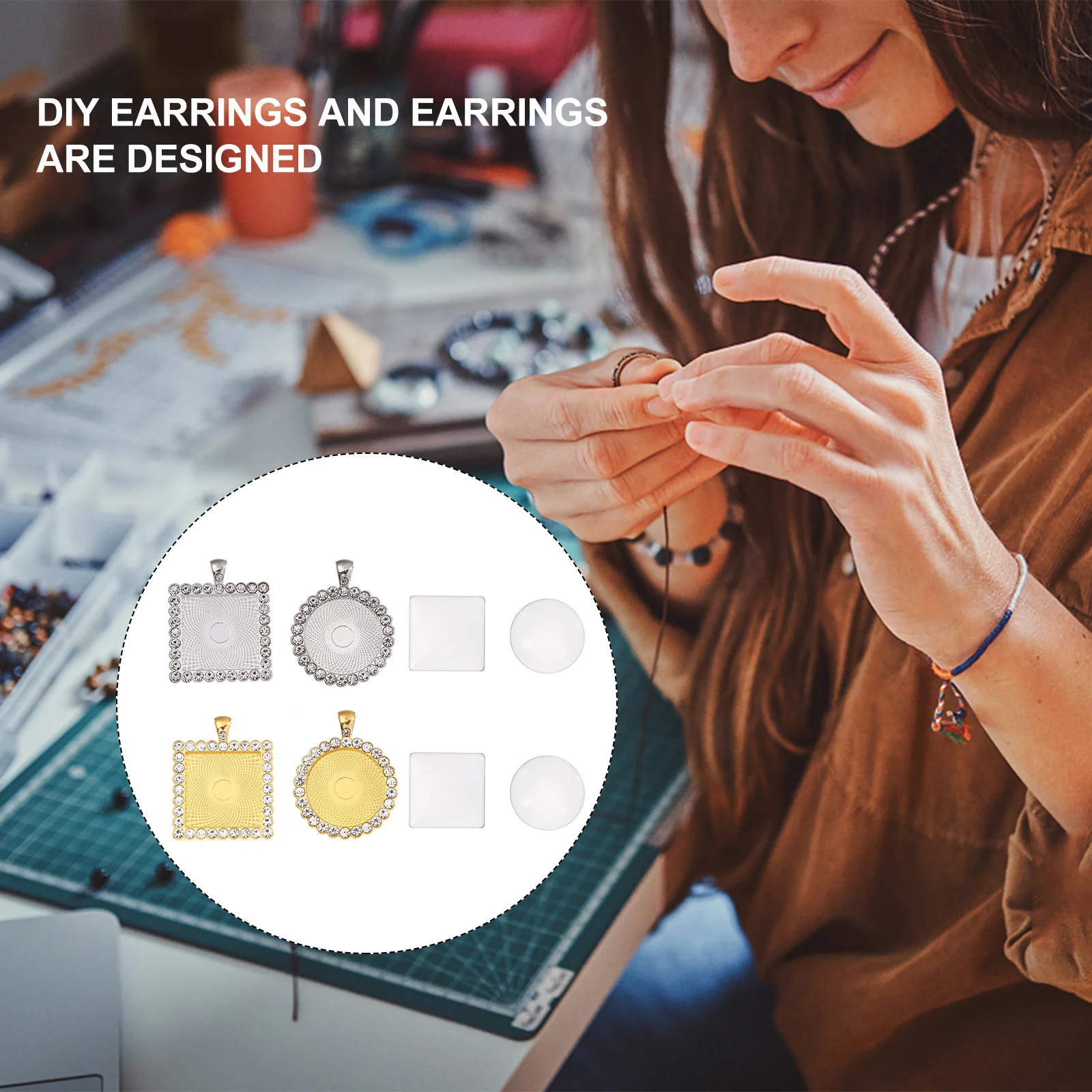 40Pcs Alloy Earring Bezel Trays Square Round Trays for DIY Glass Cabochons Earrings Jewelry Making Accessories