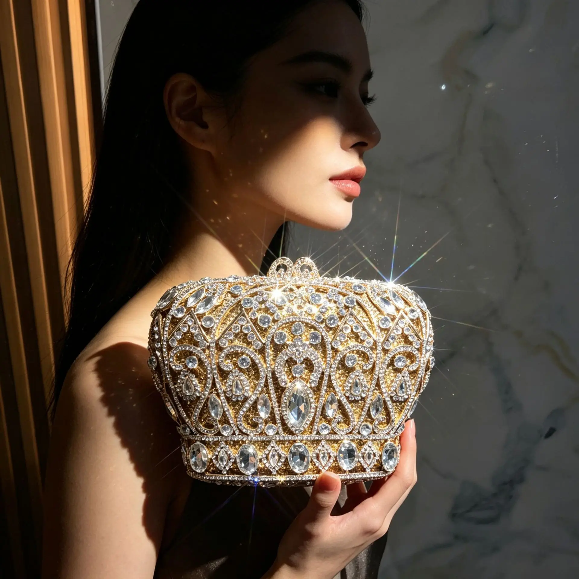 Ornate Gold Crown Purse Sparkling Crystal Cover Openwork Design For Brides Proms Costume Events And Special Celebrations