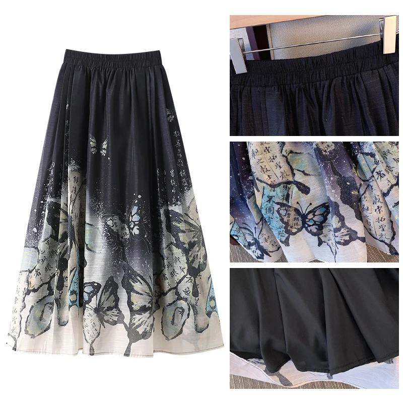 Plus-size Women\'s Autumn casual commuting loose comfortable skirt Chinese style print black elastic waist A-line skirt large