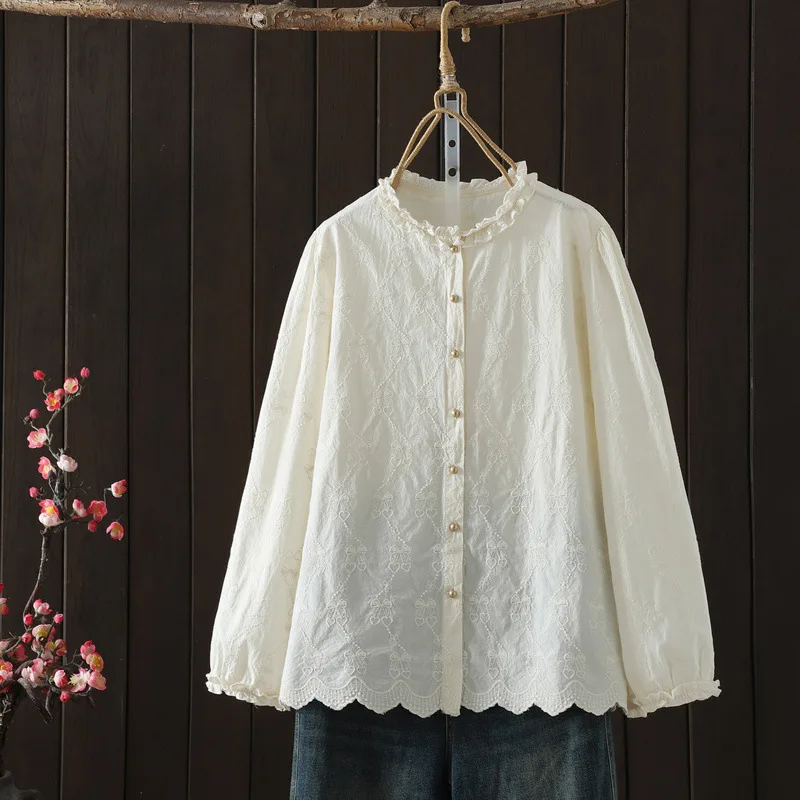 [สินค้าพร้อมส่ง] เสื้อผู้หญิงคุณภาพสูง ผ้าฝ้ายแท้ 100% เสื้อเชิ้ตคอตั้ง แต่งลูกไม้ ปักลายแจ็คการ์ด เสื้อคลุมคาร์ดิแกน